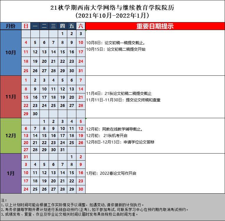 21秋學期西南大學網絡與繼續(xù)教育學院院歷 (2021年10月-2022年1月)